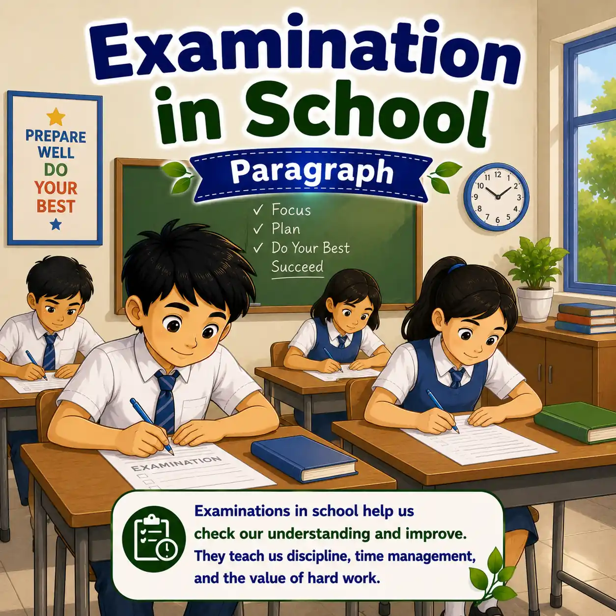 Examination in School paragraph featured image for Madhyamik Class 10 WBBSE showing school examination and English paragraph writing