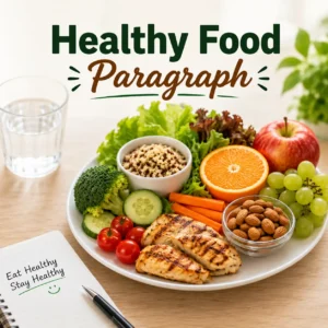 A plate full of healthy food including fresh vegetables and fruits, studying healthy food paragraph for WBBSE Madhyamik Class 10 English