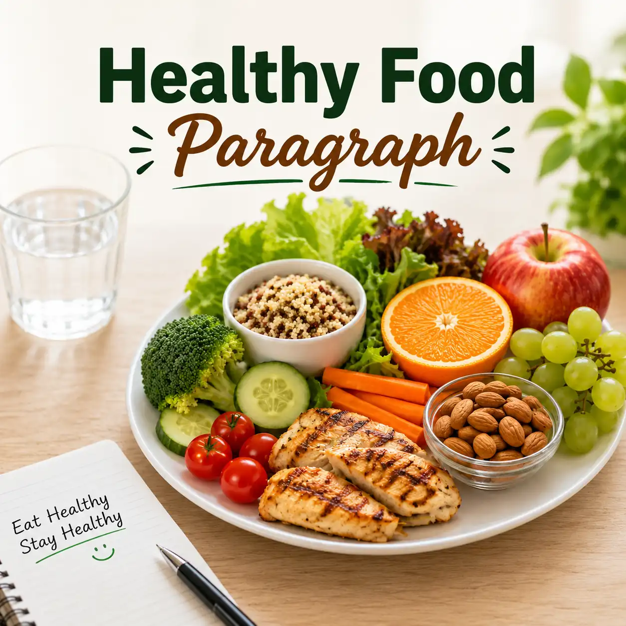 A plate full of healthy food including fresh vegetables and fruits, studying healthy food paragraph for WBBSE Madhyamik Class 10 English