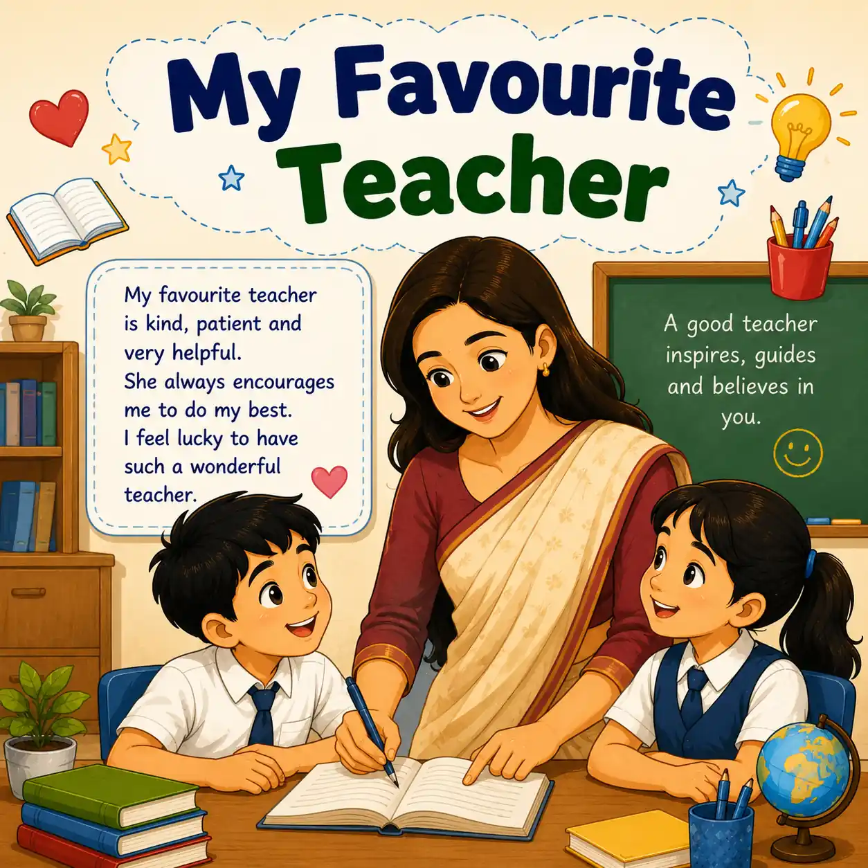 My Favourite Teacher paragraph featured image for Madhyamik Class 10 WBBSE showing teacher and student learning with English paragraph writing