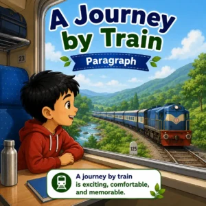 A fast moving train and a passenger looking out of the window, studying a journey by train paragraph for WBBSE Madhyamik Class 10 English