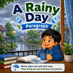 A Rainy Day paragraph featured image for Madhyamik Class 10 WBBSE showing rainy weather and student learning