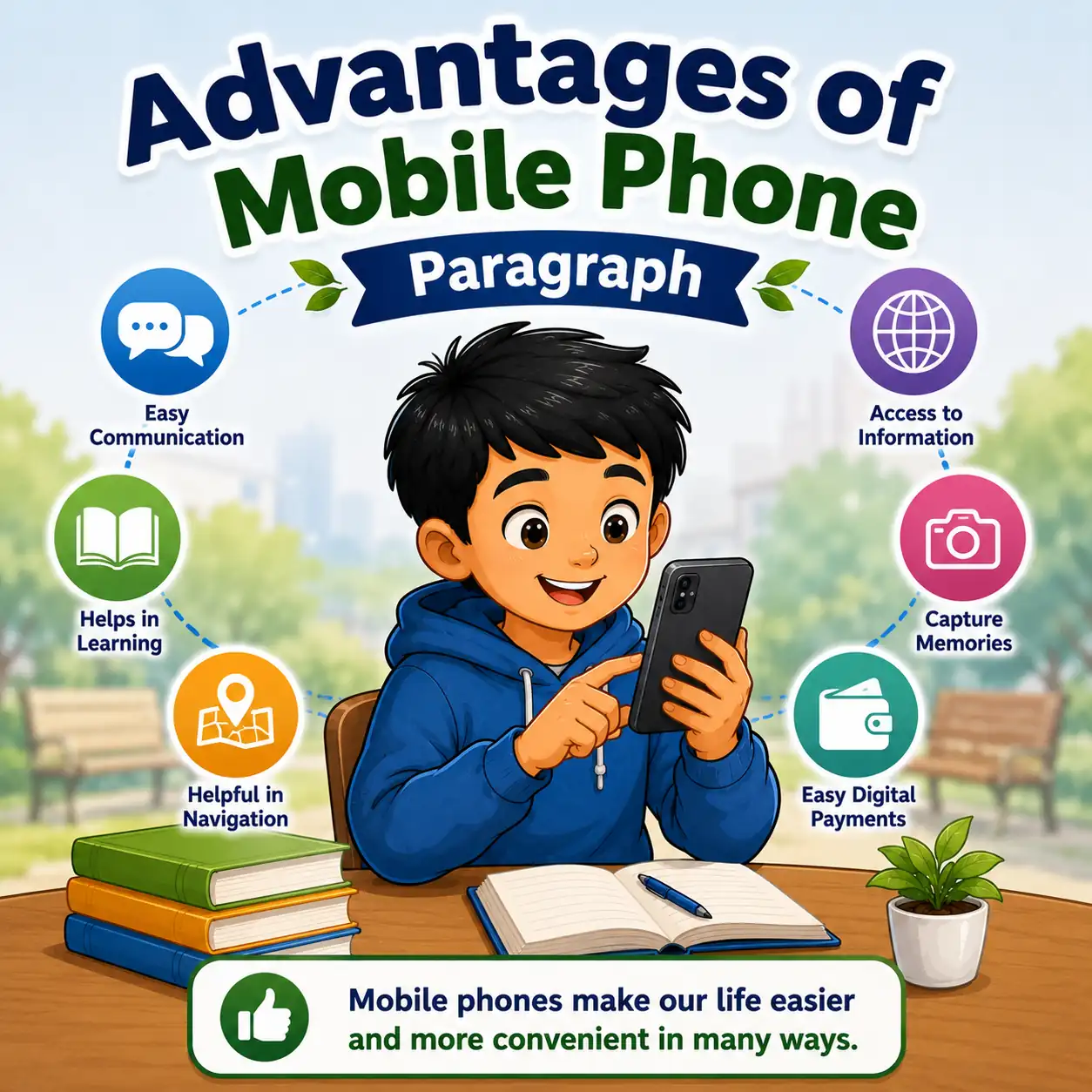 A person using a smartphone for online learning and communication, studying advantages of mobile phone paragraph for WBBSE Madhyamik Class 10 English