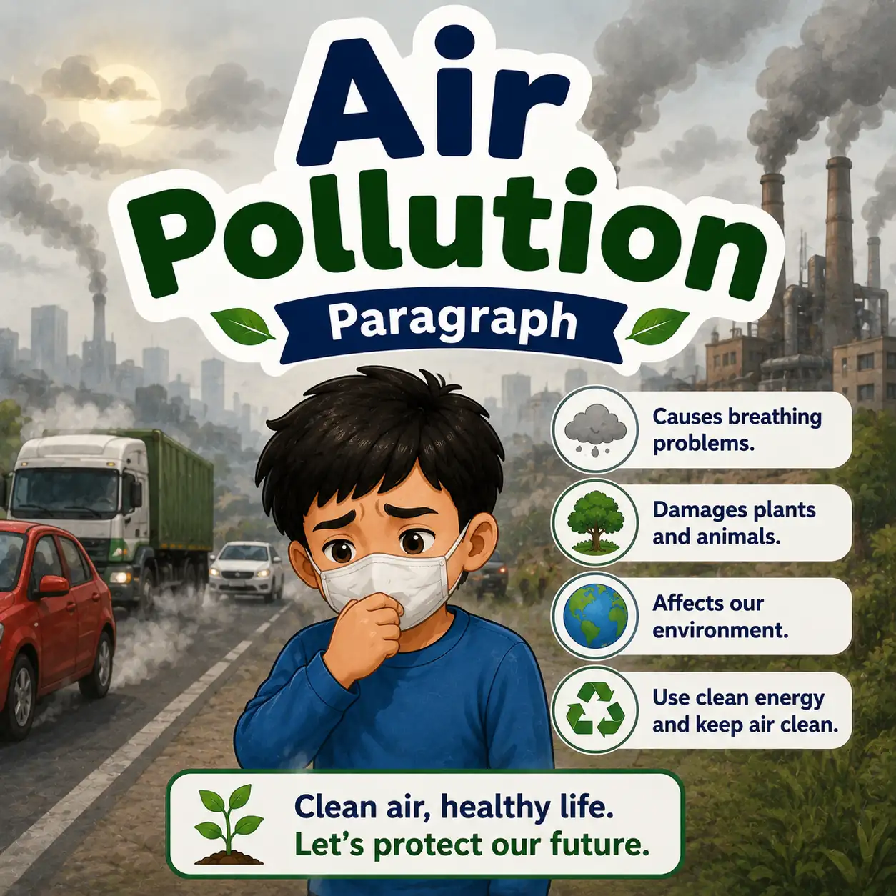 Factory smoke polluting the air, studying air pollution paragraph for WBBSE Madhyamik Class 10 English.