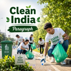 Students and citizens cleaning a street representing Swachh Bharat Abhiyan, studying clean india paragraph for WBBSE Madhyamik Class 10 English