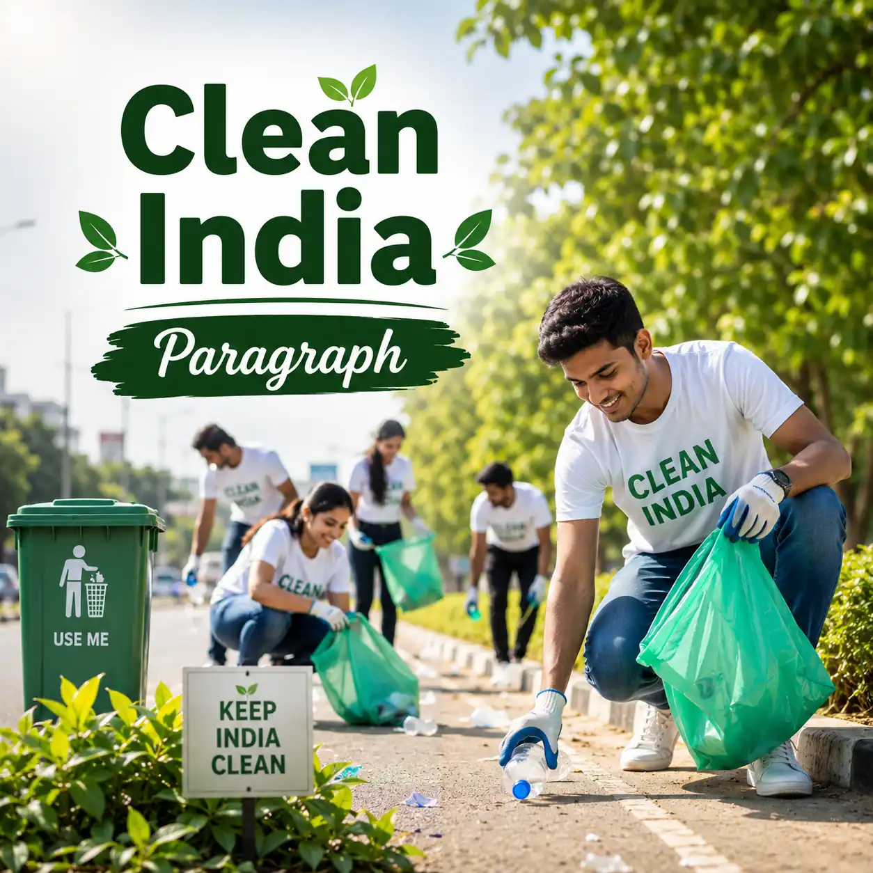 Students and citizens cleaning a street representing Swachh Bharat Abhiyan, studying clean india paragraph for WBBSE Madhyamik Class 10 English