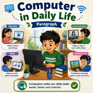 A student using a computer for online learning and daily tasks, studying computer paragraph for WBBSE Madhyamik Class 10 English