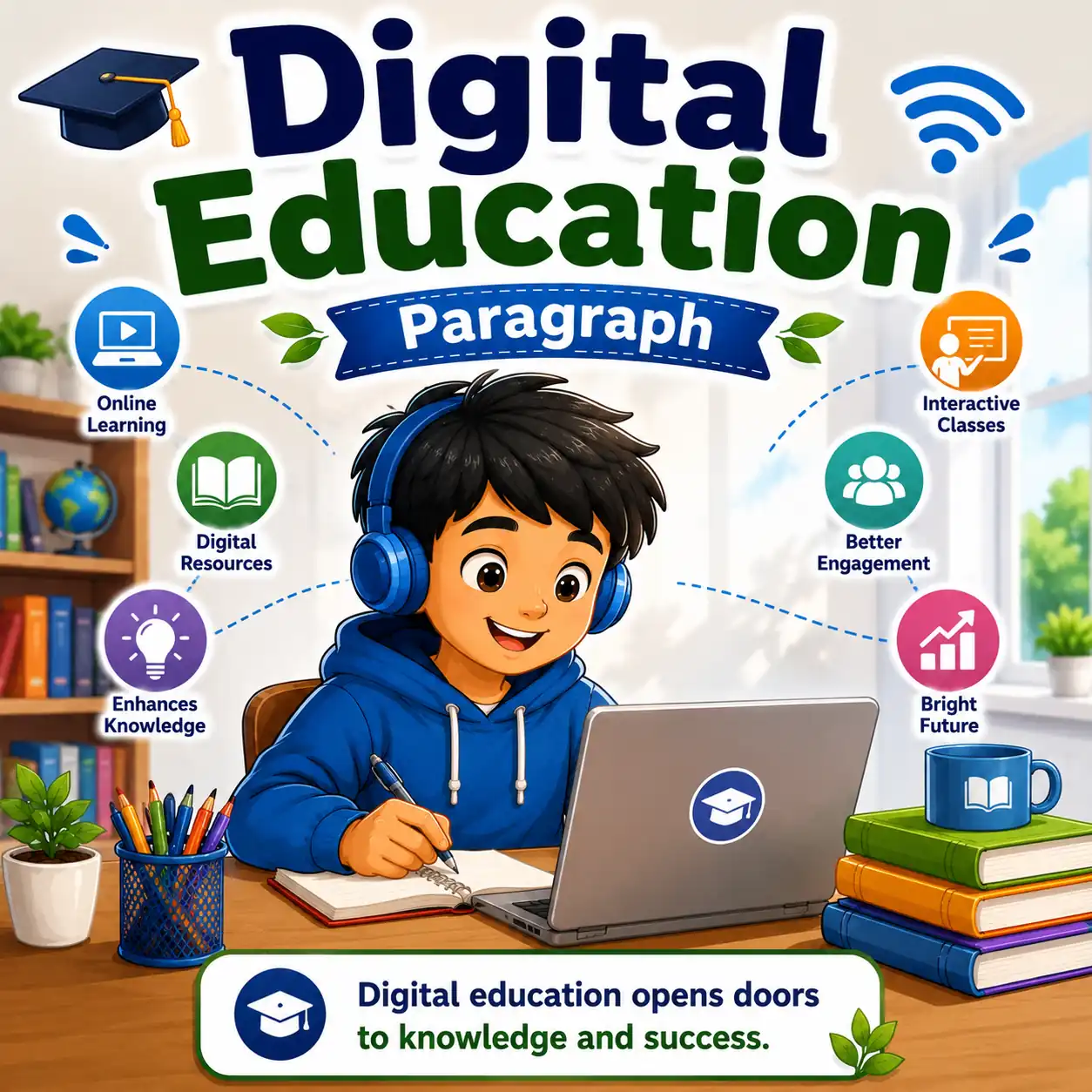 Digital Education paragraph featured image for Madhyamik Class 10 WBBSE showing online learning and English paragraph writing