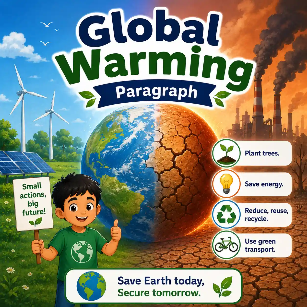 An illustration of the earth melting due to heat, studying global warming paragraph for WBBSE Madhyamik Class 10 English.