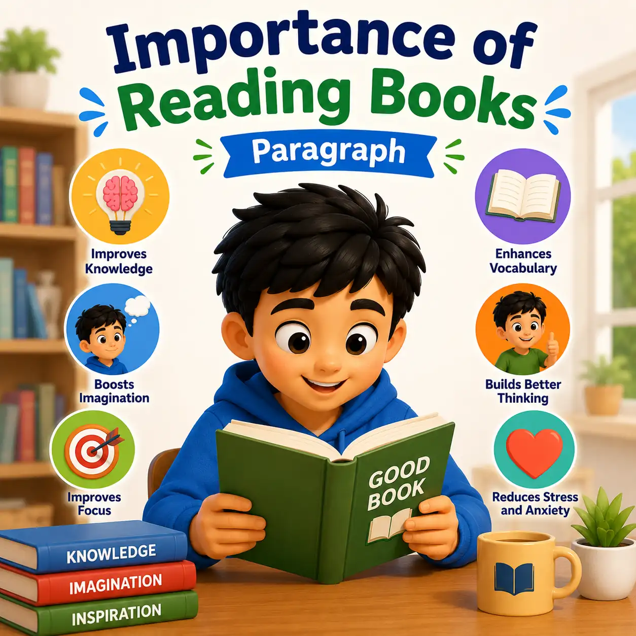A student reading books happily in a library, studying importance of reading books paragraph for WBBSE Madhyamik Class 10 English