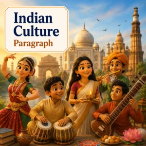 A vibrant illustration showing diverse people of India representing Indian culture, studying Indian culture paragraph for WBBSE Madhyamik Class 10 English