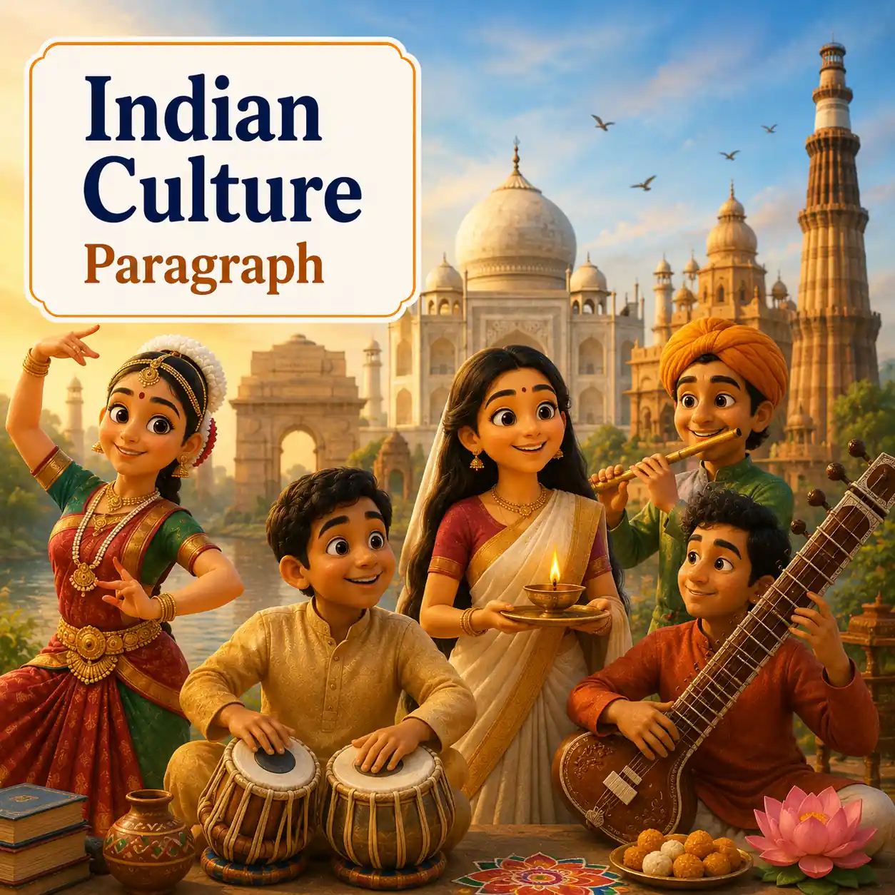 A vibrant illustration showing diverse people of India representing Indian culture, studying Indian culture paragraph for WBBSE Madhyamik Class 10 English