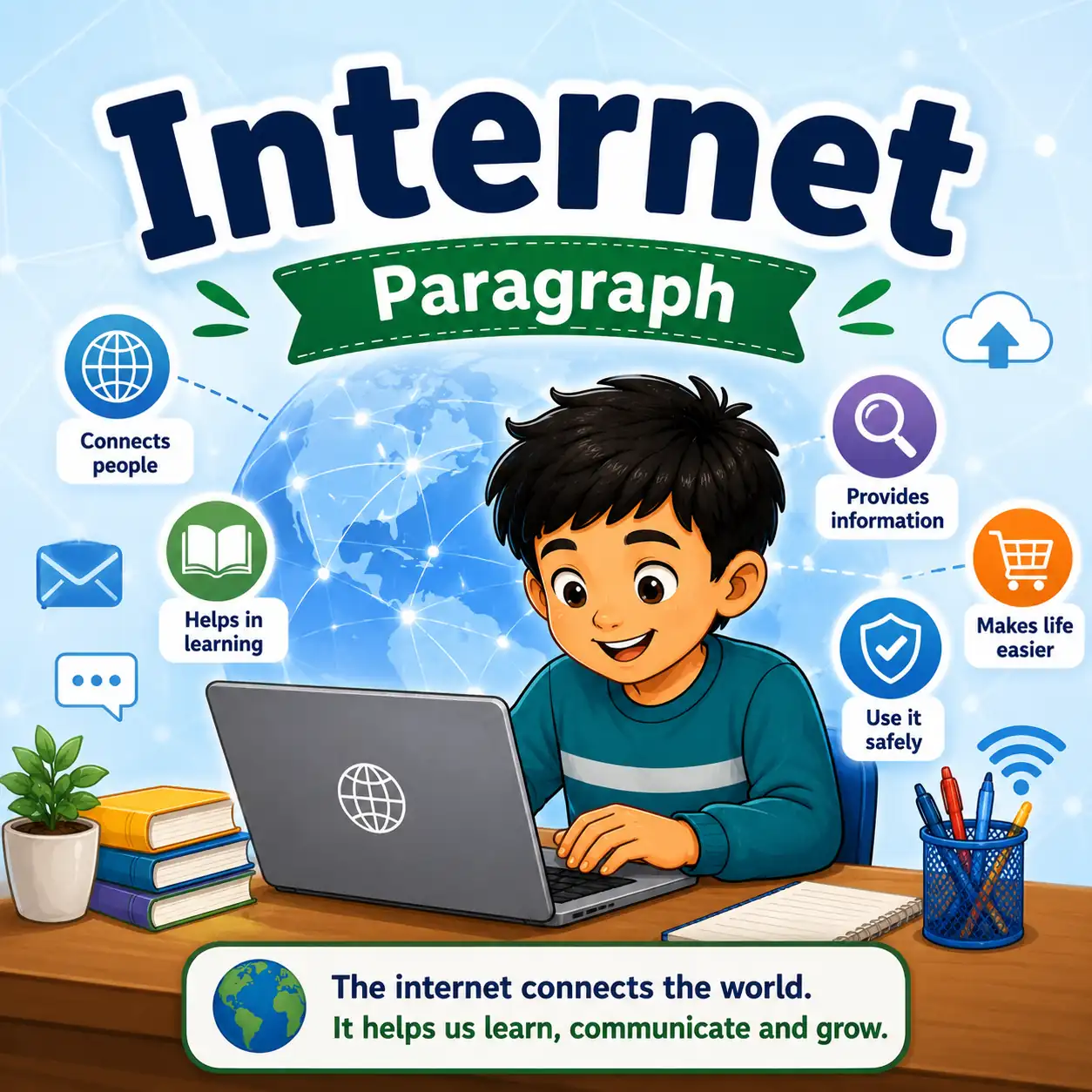 A globe connected with glowing lines representing the internet, studying internet paragraph for WBBSE Madhyamik Class 10 English