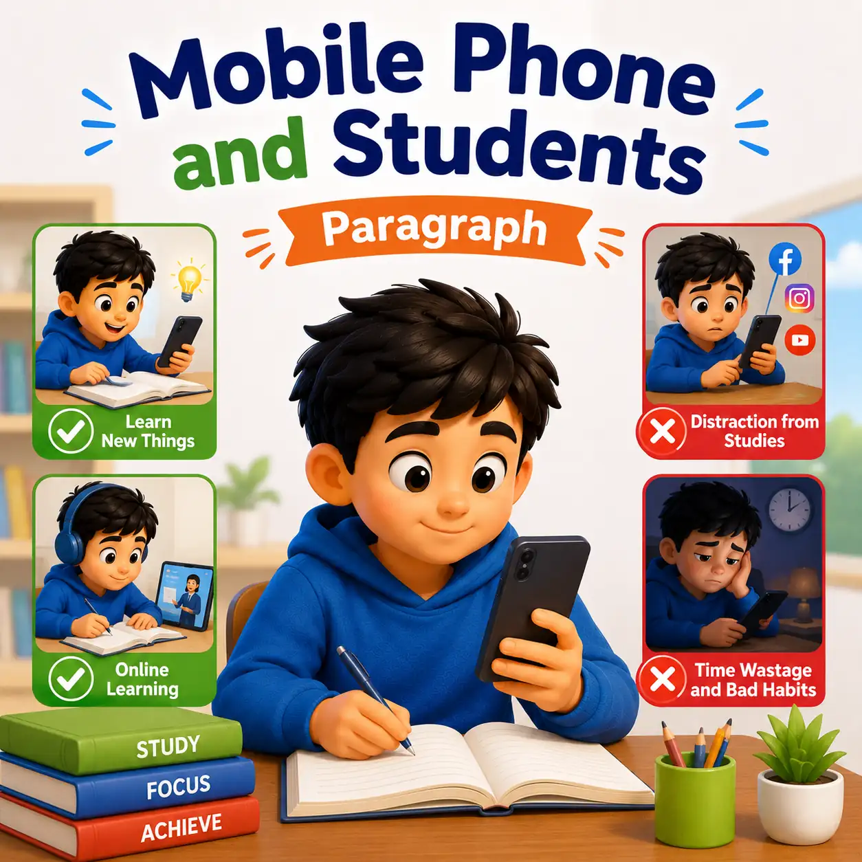 A student holding a smartphone for studying online, studying mobile phone and students paragraph for WBBSE Madhyamik Class 10 English