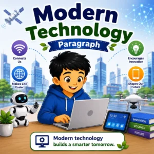 Students using modern technology devices like laptops and smartphones, studying modern technology paragraph for WBBSE Madhyamik Class 10 English,