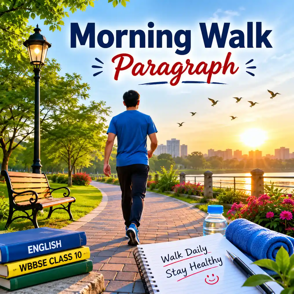 People doing a morning walk in a beautiful park at sunrise, studying morning walk paragraph for WBBSE Madhyamik Class 10 English