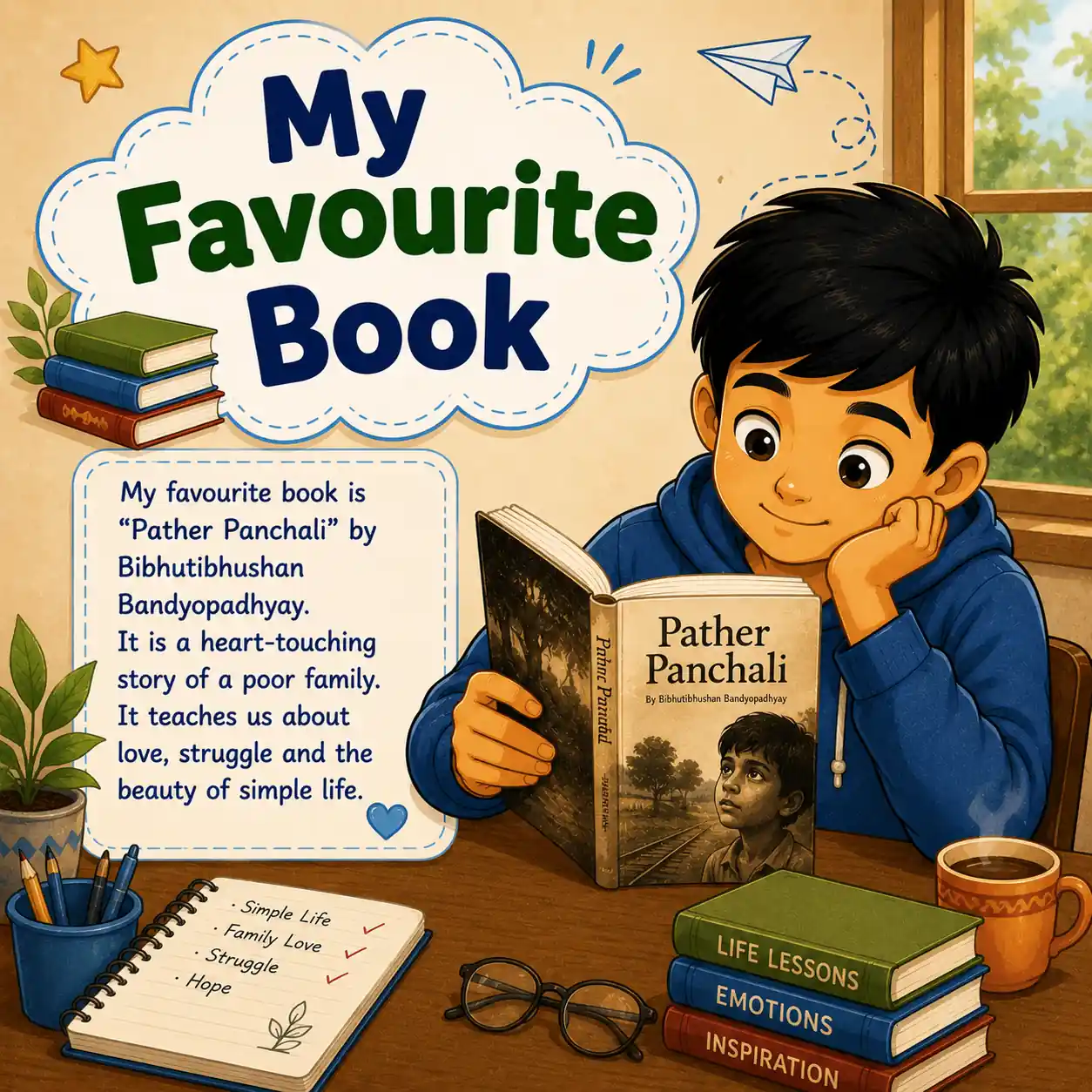 My Favourite Book paragraph featured image for Madhyamik Class 10 WBBSE showing reading and English paragraph writing