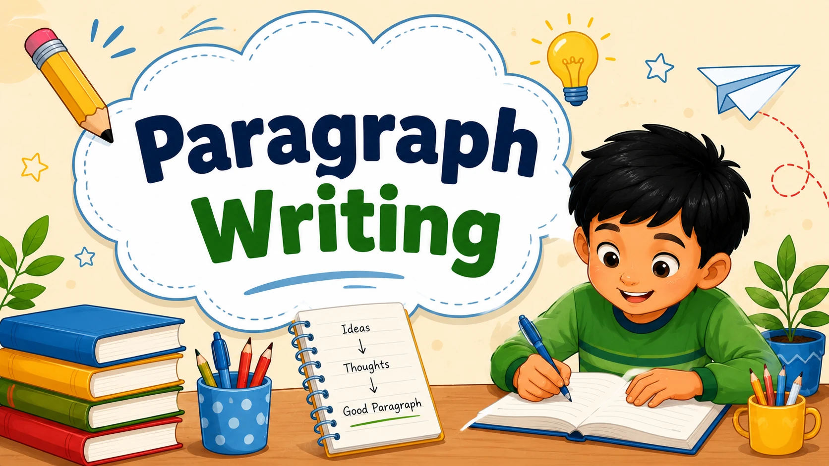 Paragraph Writing mobile header banner showing student writing with books and educational illustration