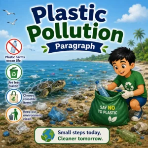 Plastic waste polluting a beach and ocean, studying plastic pollution paragraph for WBBSE Madhyamik Class 10 English.