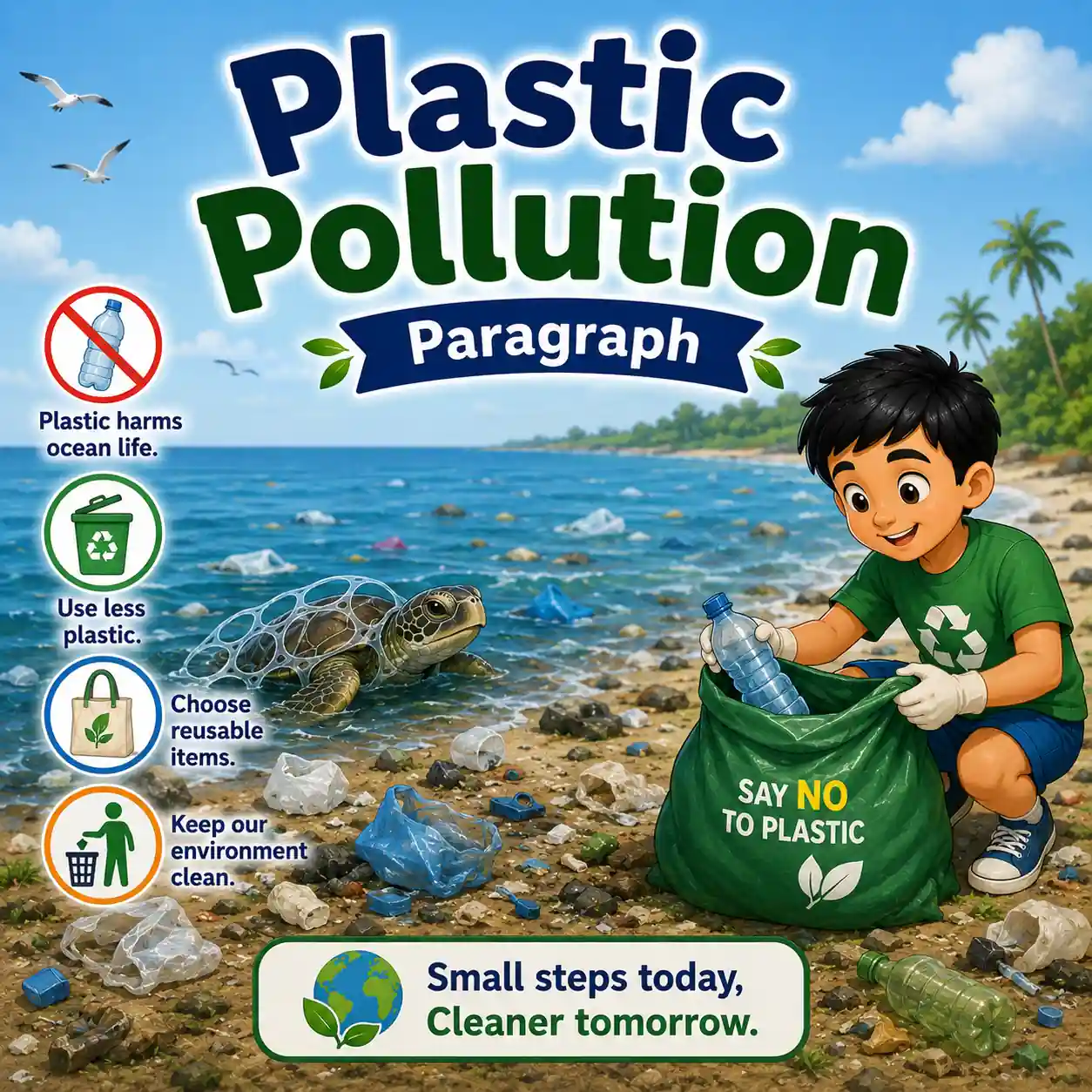 Plastic waste polluting a beach and ocean, studying plastic pollution paragraph for WBBSE Madhyamik Class 10 English.