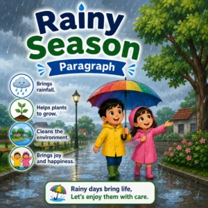 A beautiful landscape during the rainy season with green trees and rain, studying rainy season paragraph for WBBSE Madhyamik Class 10 English.