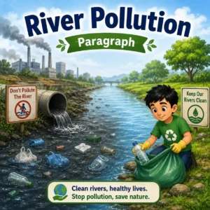 Toxic factory waste and garbage polluting a river, studying river pollution paragraph for WBBSE Madhyamik Class 10 English.