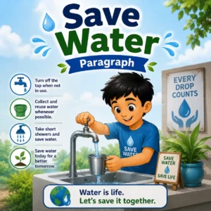 An illustration showing a drop of water being saved in hands, studying save water paragraph for WBBSE Madhyamik Class 10 English.