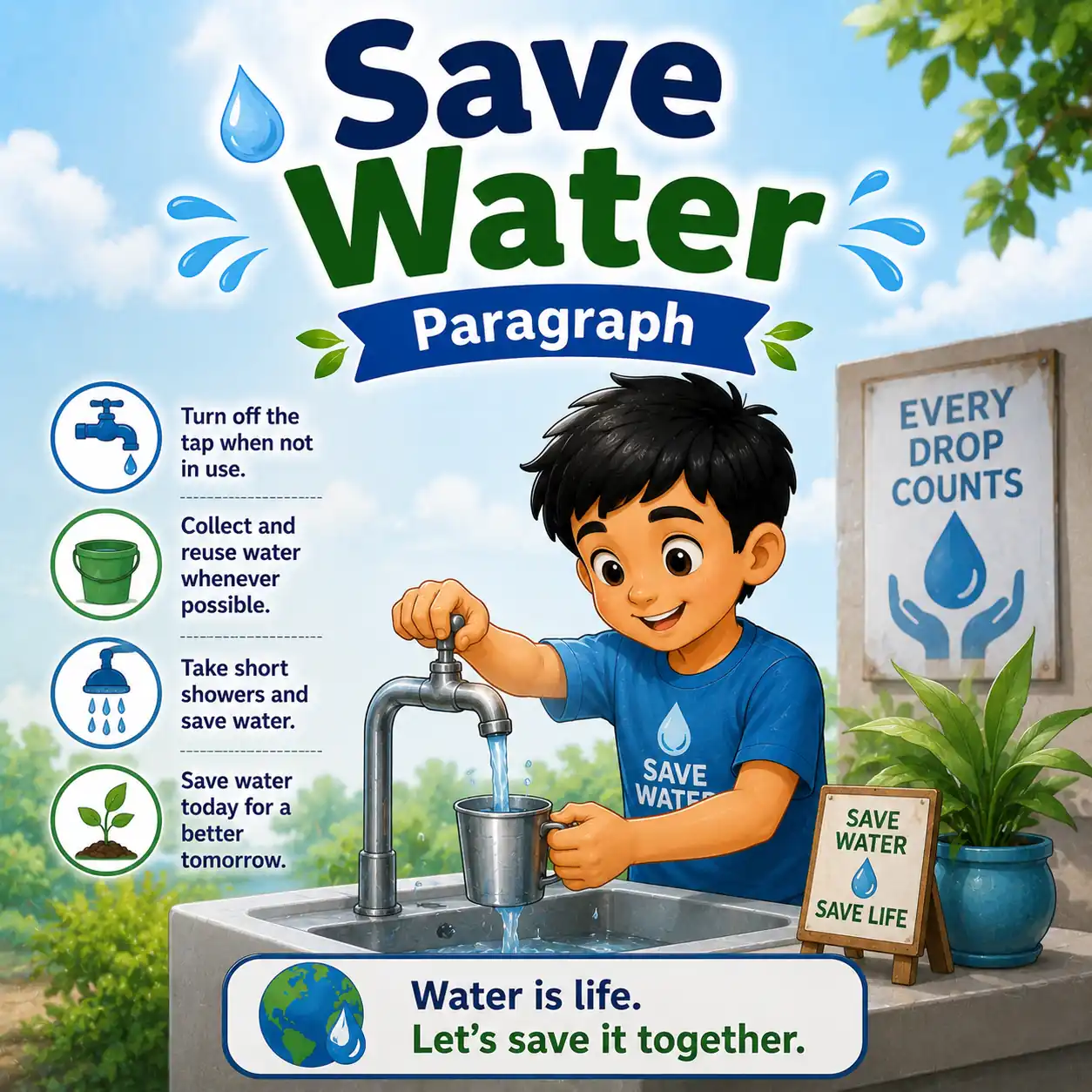 An illustration showing a drop of water being saved in hands, studying save water paragraph for WBBSE Madhyamik Class 10 English.