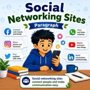 People connected through various social networking site icons, studying social networking sites paragraph for WBBSE Madhyamik Class 10 English