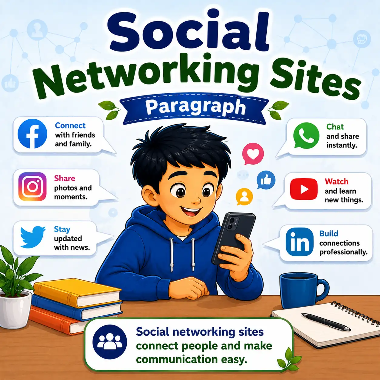 People connected through various social networking site icons, studying social networking sites paragraph for WBBSE Madhyamik Class 10 English