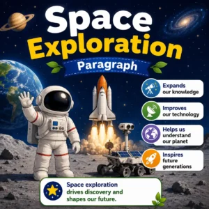 A rocket launching into space symbolizing space exploration, studying space exploration paragraph for WBBSE Madhyamik Class 10 English