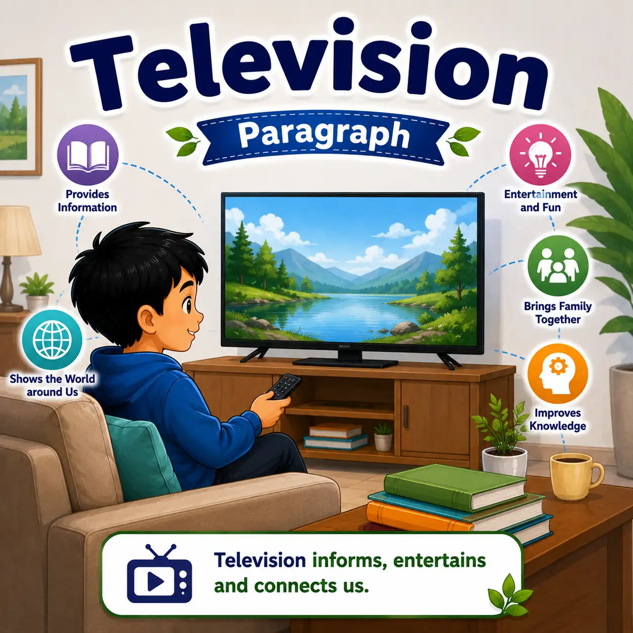 A family watching an educational program on a smart television, studying television paragraph for WBBSE Madhyamik Class 10 English