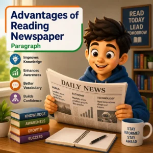 A student reading a newspaper while drinking morning tea representing the advantages of reading newspaper