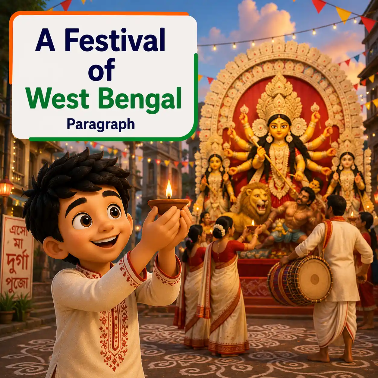 People celebrating Durga Puja at a beautifully decorated pandal representing a festival of West Bengal