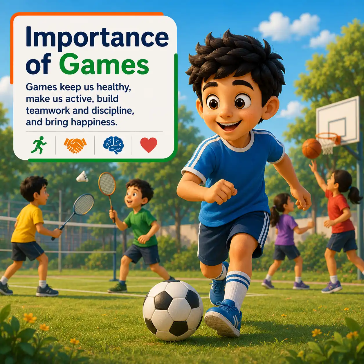Students playing football in a green field representing the importance of games and sports