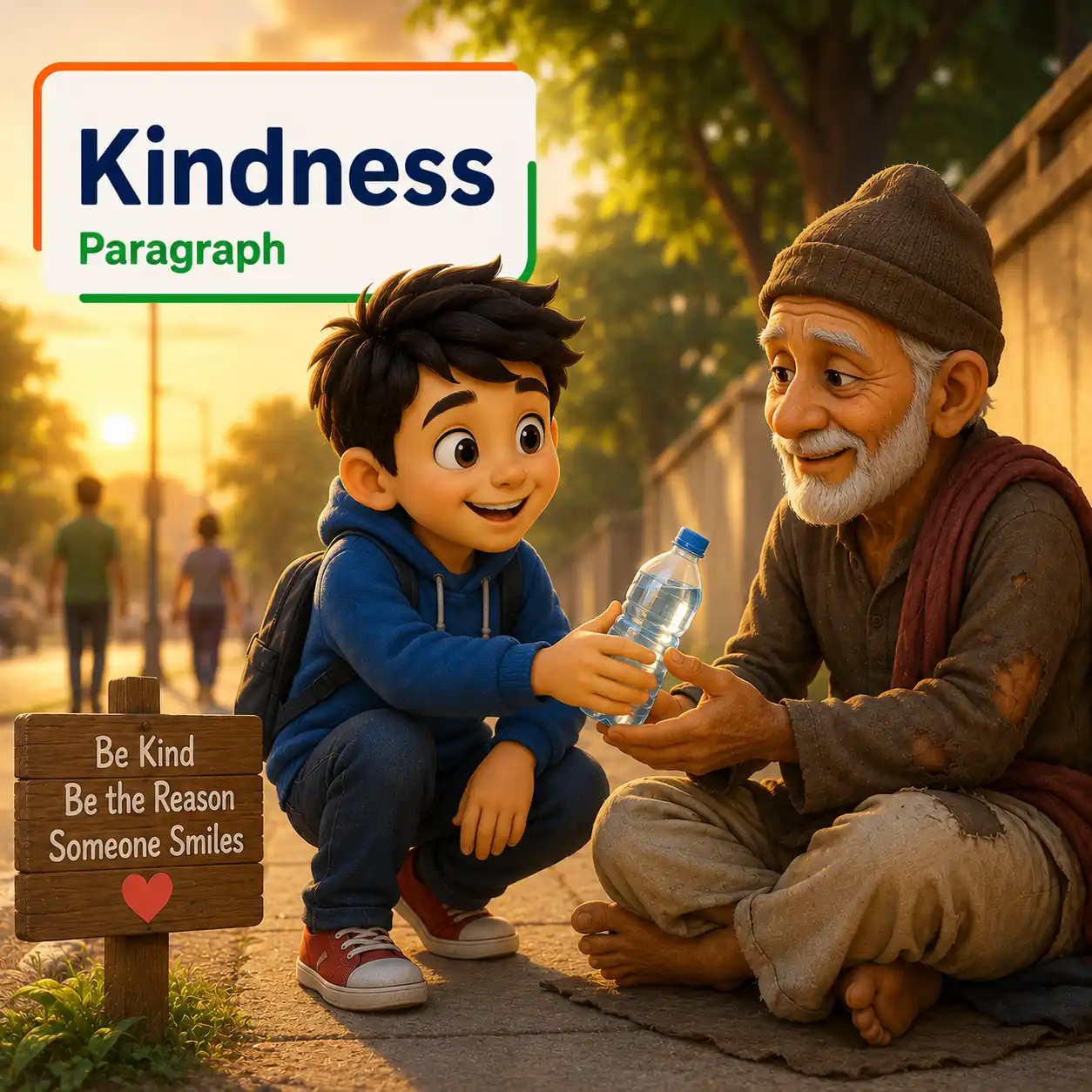 A young student helping an elderly person crossing the road representing kindness, studying kindness paragraph for WBBSE Madhyamik Class 10 English