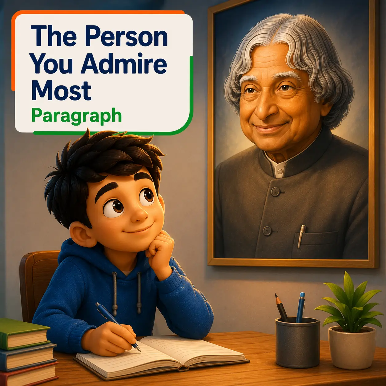 A portrait of APJ Abdul Kalam representing the person you admire most, studying paragraph for WBBSE Madhyamik Class 10 English