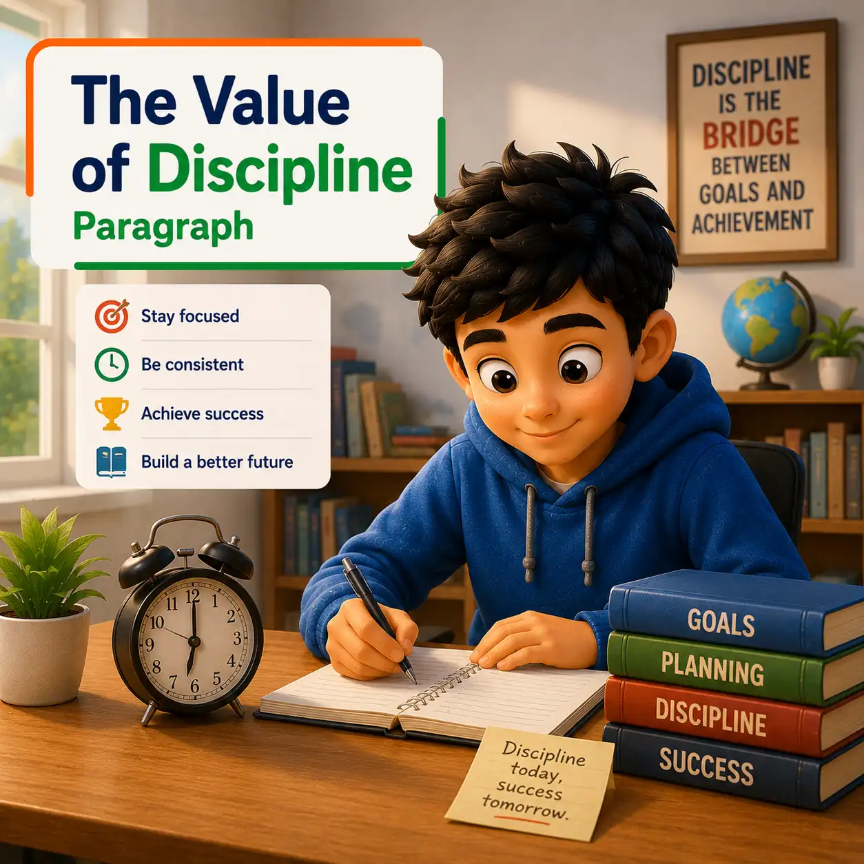 A disciplined student studying at a desk following a routine representing the value of discipline,