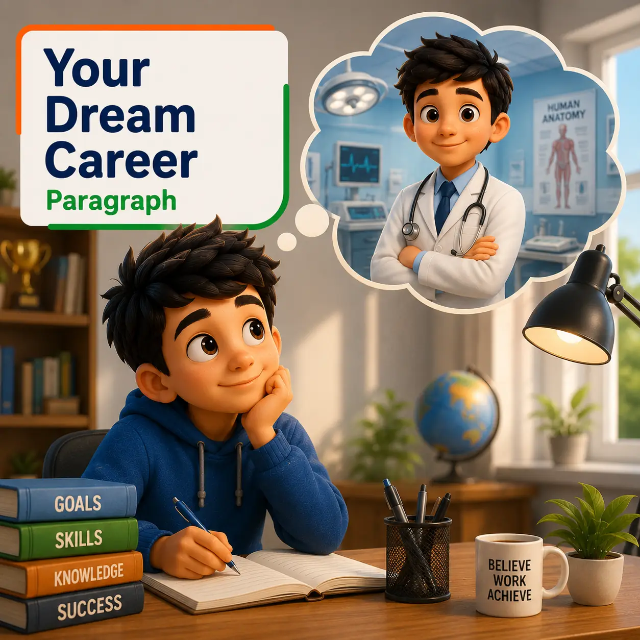 A student dreaming of becoming a doctor wearing a stethoscope, studying your dream career paragraph for WBBSE Class 10 English