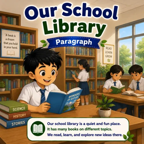 Our School Library paragraph featured image for Madhyamik Class 10 WBBSE showing library reading and English paragraph writing