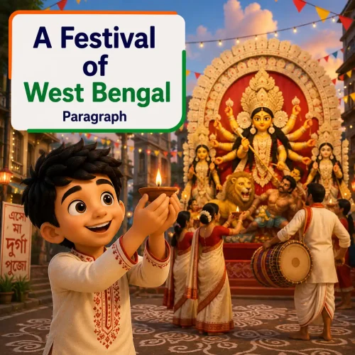 People celebrating Durga Puja at a beautifully decorated pandal representing a festival of West Bengal