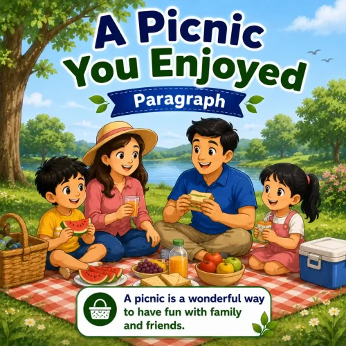 Friends enjoying a picnic outdoors with food and games, studying a picnic paragraph for WBBSE Madhyamik Class 10 English