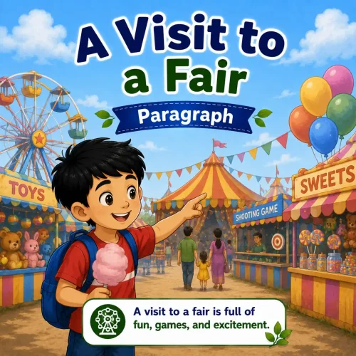 Children enjoying rides and buying balloons at a colorful village fair, studying a visit to a fair paragraph for WBBSE Madhyamik Class 10 English