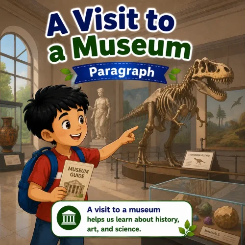 Students observing ancient artifacts and a dinosaur skeleton during a visit to a museum, studying a visit to a museum paragraph for WBBSE Madhyamik Class 10 English