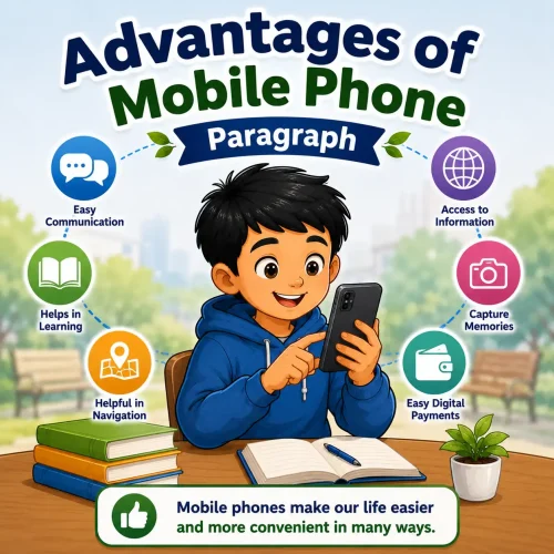 A person using a smartphone for online learning and communication, studying advantages of mobile phone paragraph for WBBSE Madhyamik Class 10 English