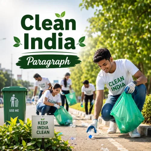 Students and citizens cleaning a street representing Swachh Bharat Abhiyan, studying clean india paragraph for WBBSE Madhyamik Class 10 English
