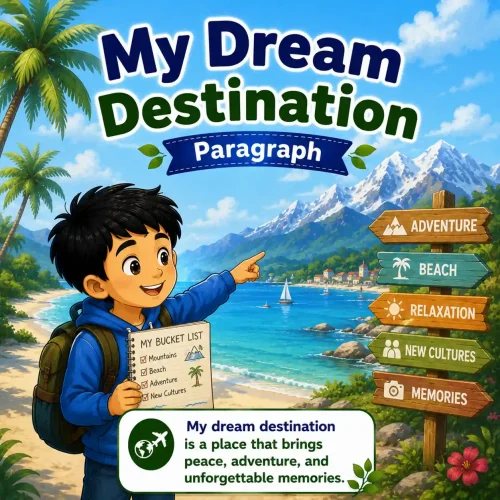 A beautiful view of snow-covered mountains and a clear lake representing a dream destination, studying my dream destination paragraph for WBBSE Madhyamik Class 10 English