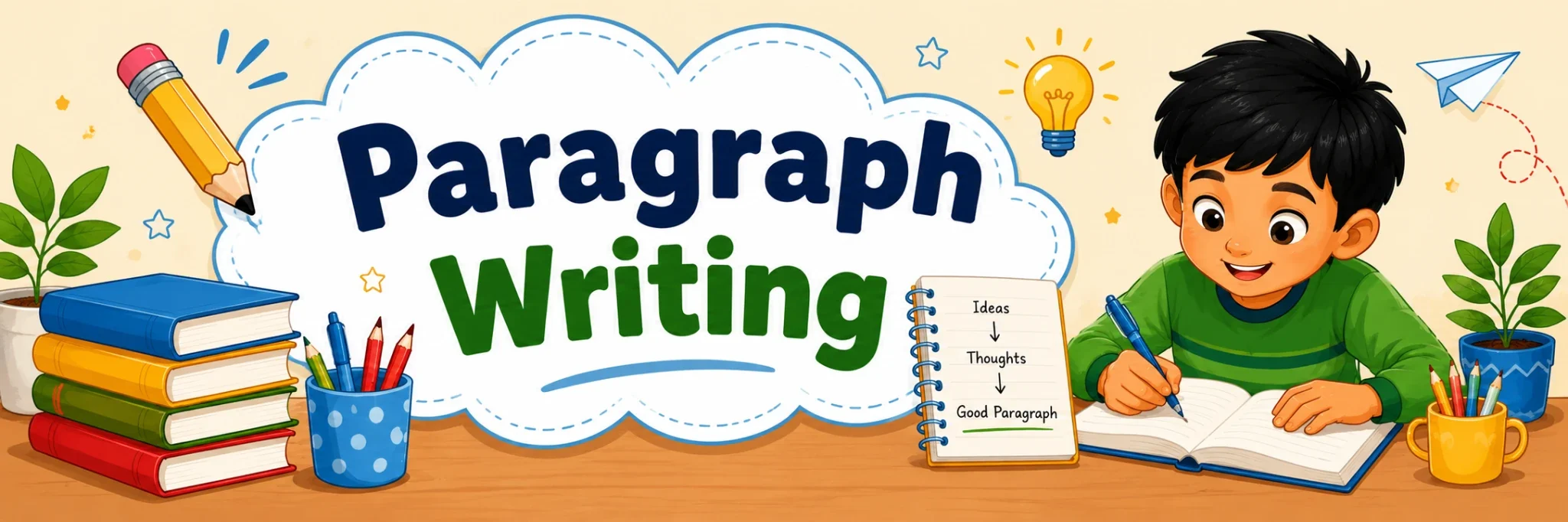 Paragraph Writing educational header banner for students with books, notebook and writing practice illustration