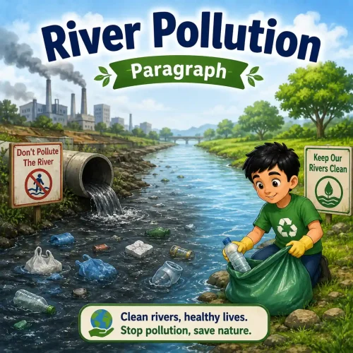 Toxic factory waste and garbage polluting a river, studying river pollution paragraph for WBBSE Madhyamik Class 10 English.