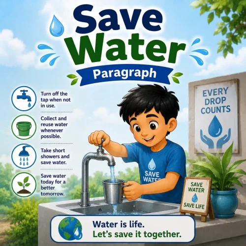 An illustration showing a drop of water being saved in hands, studying save water paragraph for WBBSE Madhyamik Class 10 English.